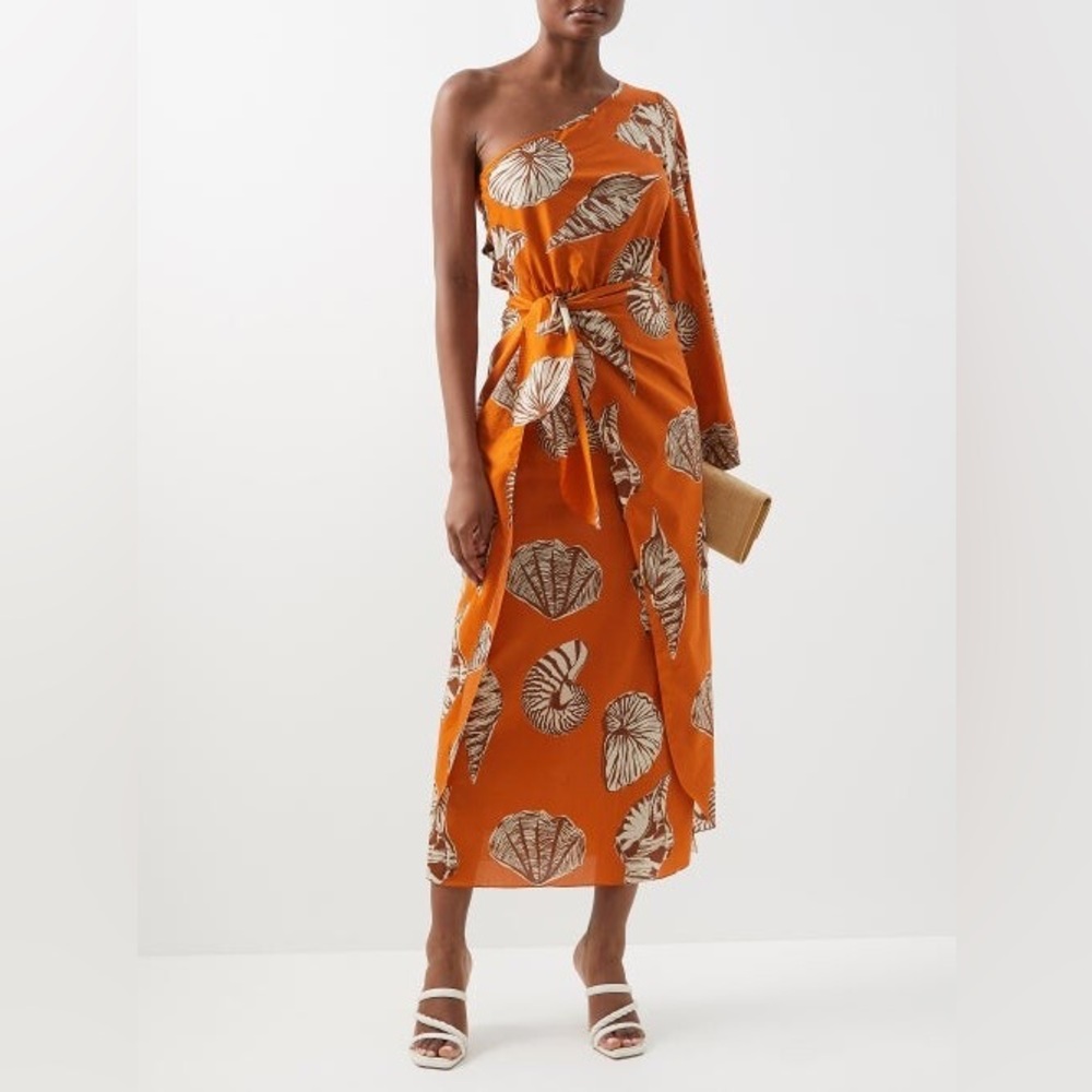 Johanna Ortiz Orange and White One-Shoulder Dress